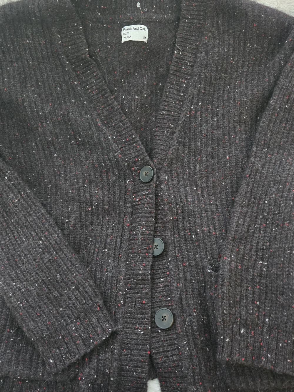 Frank & Oak Charcoal Cardigan with Red and White Flecks